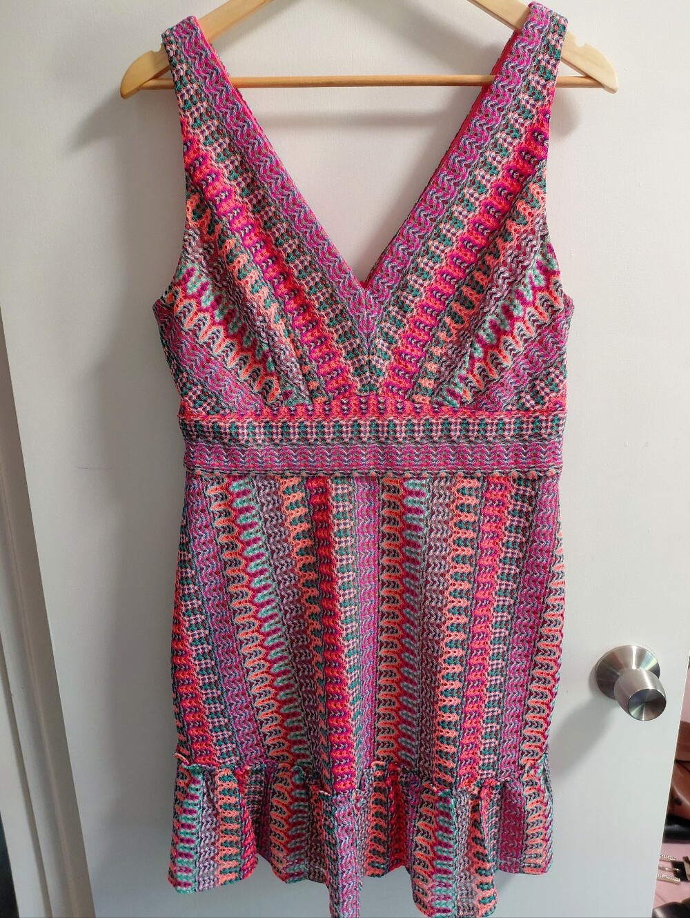 Donna Morgan Vibrant Multicolor V-Neck Knit Lined Midi Dress Summer Warm